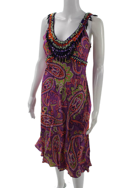 Etro Milano Womens Silk Paisley Slip Dress V-Neck Zip Sleeveless Size 44