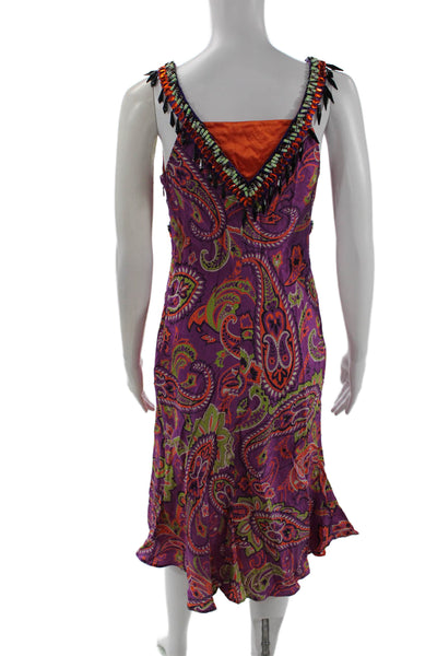 Etro Milano Womens Silk Paisley Slip Dress V-Neck Zip Sleeveless Size 44