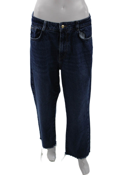 Zara Unisex Cropped Wide Leg Dark Blue Cotton Mid Rise Jeans Size 10