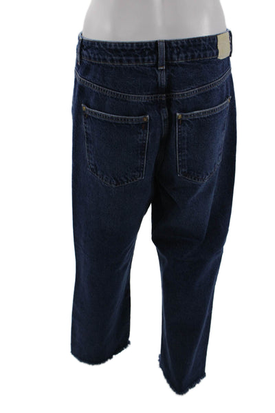 Zara Unisex Cropped Wide Leg Dark Blue Cotton Mid Rise Jeans Size 10