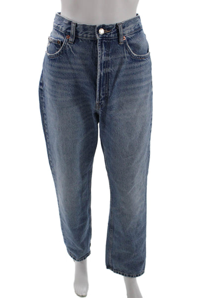 Zara Women Mom Cropped Jeans Blue Cotton Mid Rise Inseam 30 Size 10