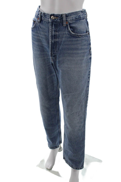 Zara Women Mom Cropped Jeans Blue Cotton Mid Rise Inseam 30 Size 10