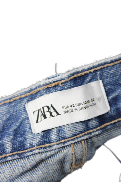 Zara Women Mom Cropped Jeans Blue Cotton Mid Rise Inseam 30 Size 10