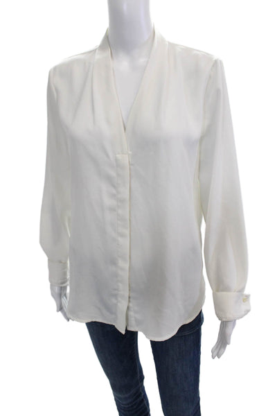 Halogen Women Basic White Long Sleeve Blouse Button Silk Blend Size M