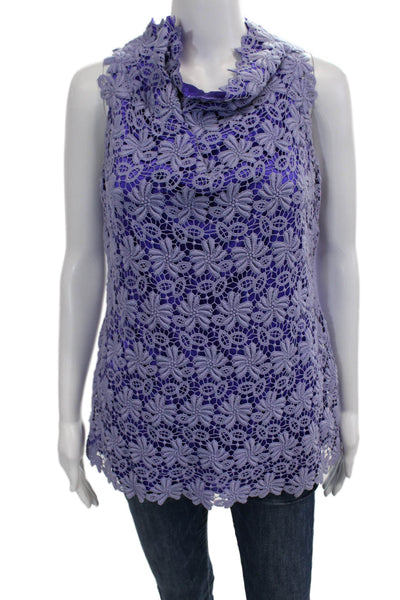 Elie Tahari Women Sleeveless Purple Floral High Neck Cotton Tunic Size M