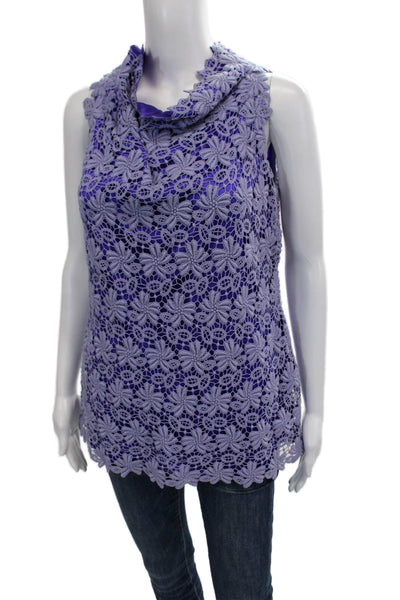 Elie Tahari Women Sleeveless Purple Floral High Neck Cotton Tunic Size M