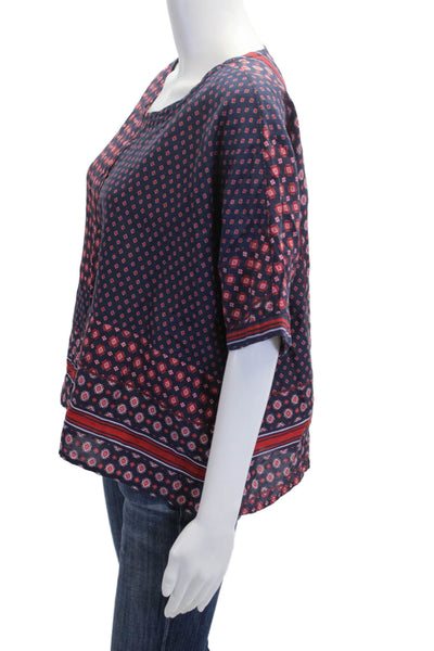 Xirena Women Boho Geometric Dark Blue Cotton Short Sleeve Blouse Size S