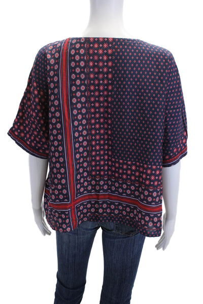 Xirena Women Boho Geometric Dark Blue Cotton Short Sleeve Blouse Size S