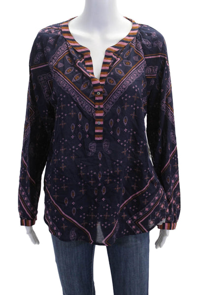 Xirena Women Tunic Dark Blue Paisley V-Neck Long Sleeve 100% Cotton Size L