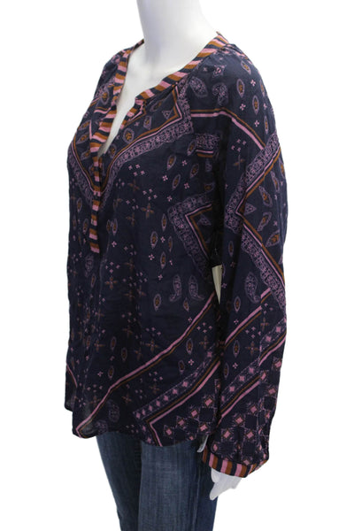 Xirena Women Tunic Dark Blue Paisley V-Neck Long Sleeve 100% Cotton Size L