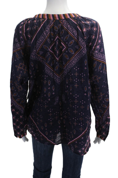 Xirena Women Tunic Dark Blue Paisley V-Neck Long Sleeve 100% Cotton Size L