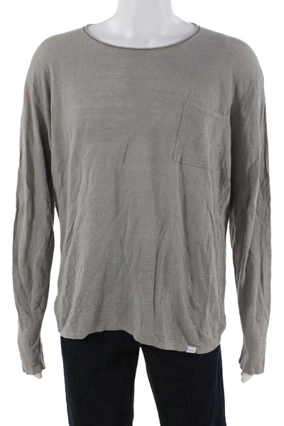 Designer Mens Gray Long Sleeve Linen Cotton Round Neck T Shirt Size L