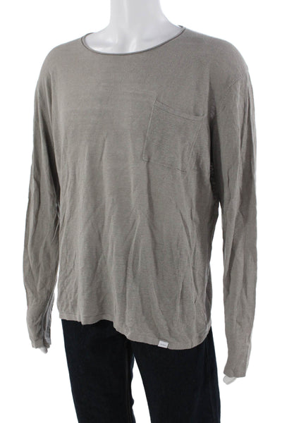 Designer Mens Gray Long Sleeve Linen Cotton Round Neck T Shirt Size L
