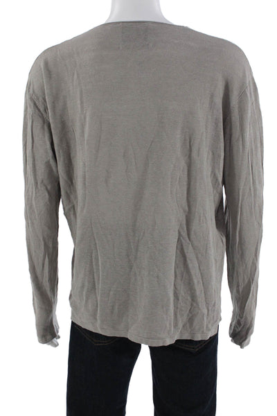 Designer Mens Gray Long Sleeve Linen Cotton Round Neck T Shirt Size L