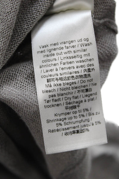 Designer Mens Gray Long Sleeve Linen Cotton Round Neck T Shirt Size L