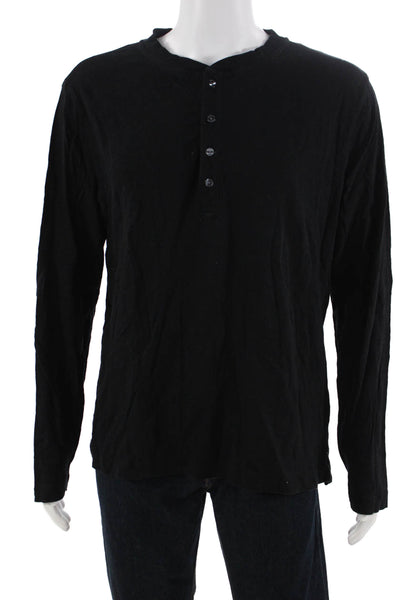 BR Mens Organic Cotton Long Sleeve Button-Up Henley Shirt Black Size L