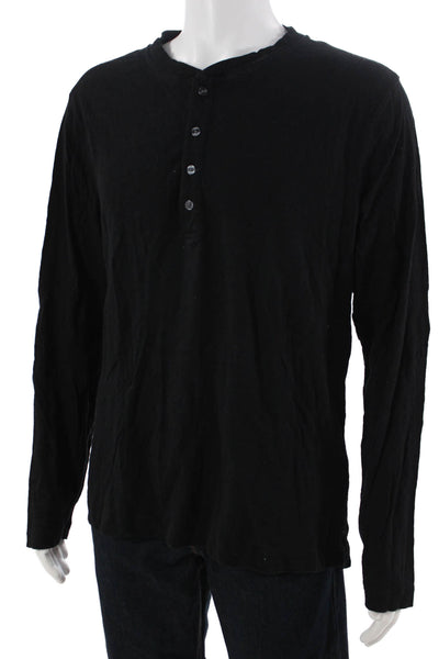 BR Mens Organic Cotton Long Sleeve Button-Up Henley Shirt Black Size L