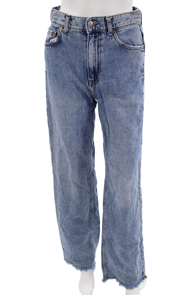 Zara Unisex Straight Wide Leg Mid Rise Blue Cotton Lyocell Jeans Size 4