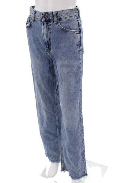 Zara Unisex Straight Wide Leg Mid Rise Blue Cotton Lyocell Jeans Size 4