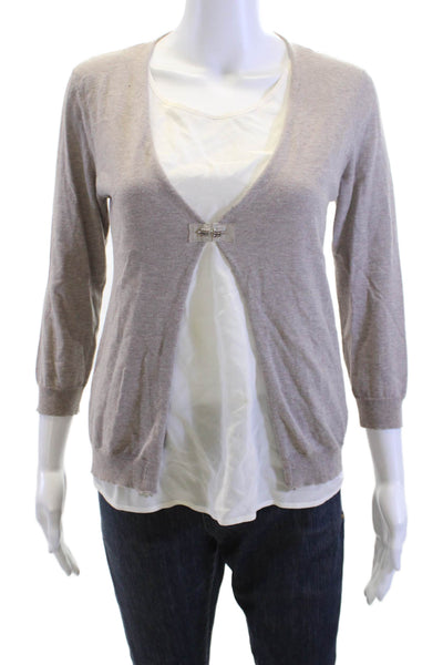 Peserico Women Cardigan Beige V-Neck Hook & Eye 100% Cotton 3/4 Sleeve Size 42