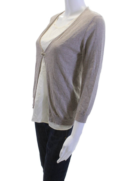 Peserico Women Cardigan Beige V-Neck Hook & Eye 100% Cotton 3/4 Sleeve Size 42