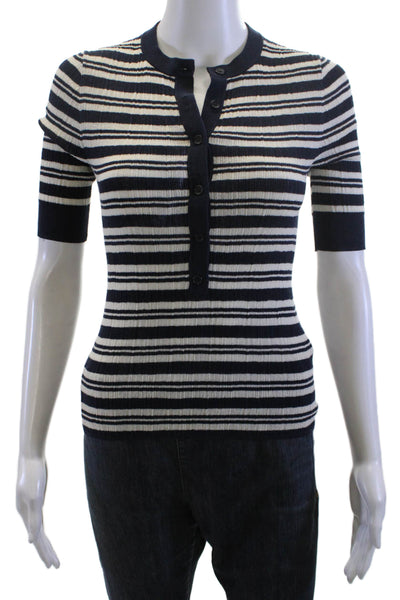 A.L.C. Womens Black Striped Short Sleeve Polo Crew Neck Button Up Size S