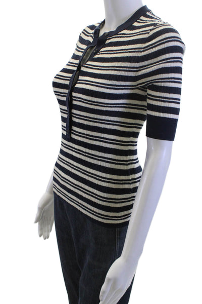 A.L.C. Womens Black Striped Short Sleeve Polo Crew Neck Button Up Size S
