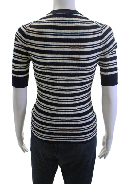 A.L.C. Womens Black Striped Short Sleeve Polo Crew Neck Button Up Size S