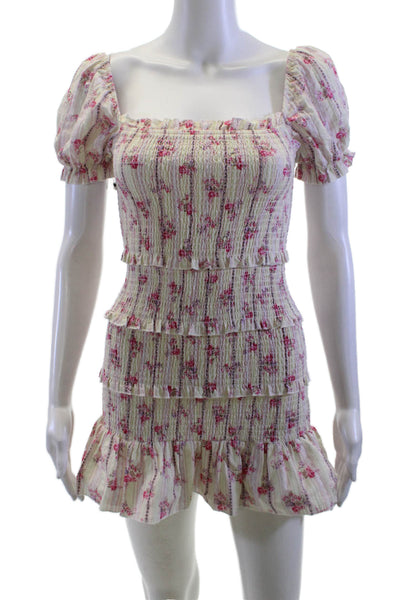 Katie J Women Mini Sundress Beige Floral Cotton Neck Short Sleeve Size XL