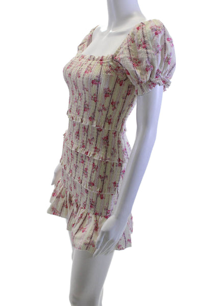 Katie J Women Mini Sundress Beige Floral Cotton Neck Short Sleeve Size XL