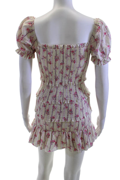 Katie J Women Mini Sundress Beige Floral Cotton Neck Short Sleeve Size XL