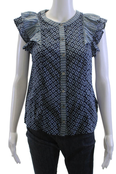 Vineyard Vines Women Dark Blue Button Up Blouse Geometric Size 2XS
