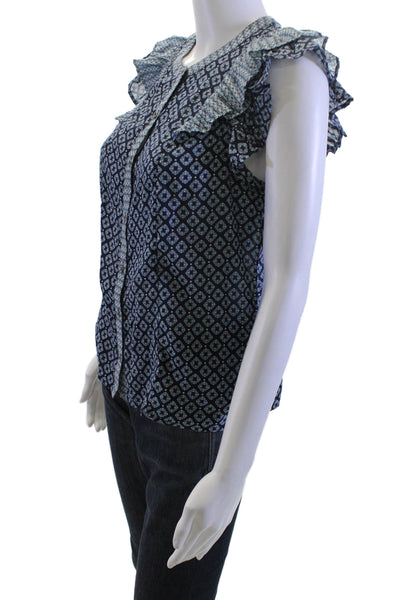 Vineyard Vines Women Dark Blue Button Up Blouse Geometric Size 2XS