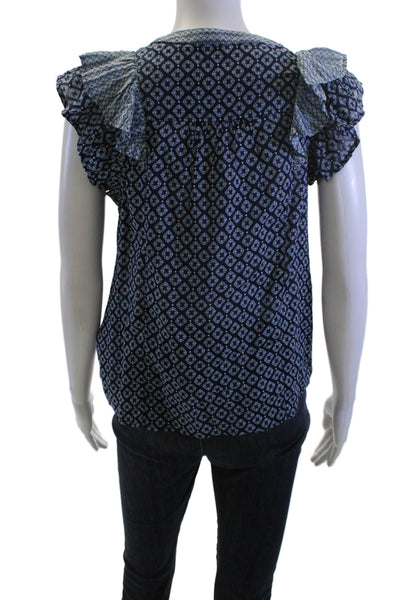 Vineyard Vines Women Dark Blue Button Up Blouse Geometric Size 2XS