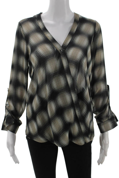Pleione Womens Tunic Blouse V-Neck Plaid Beige Long Sleeve Button-Up Size XS