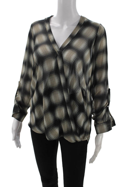 Pleione Womens Tunic Blouse V-Neck Plaid Beige Long Sleeve Button-Up Size XS