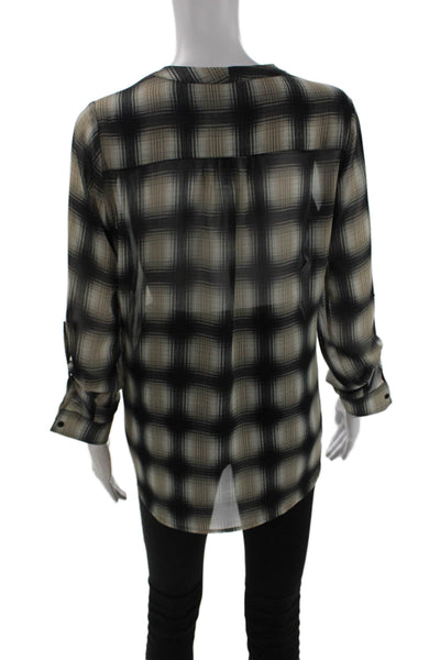 Pleione Womens Tunic Blouse V-Neck Plaid Beige Long Sleeve Button-Up Size XS