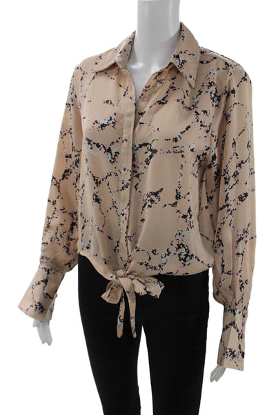 Elan Womens Beige Collared Button Up Blouse Long Sleeve 100% Polyester Size M
