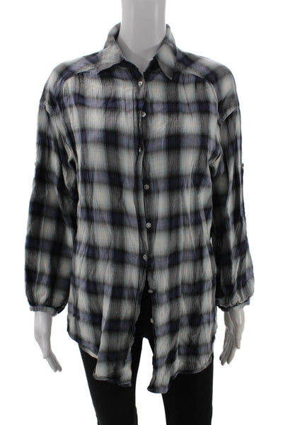 Vince Women Tunic Button-Up Black Plaid Cotton Collared Long Sleeve Size S
