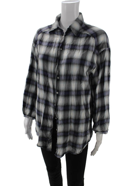 Vince Women Tunic Button-Up Black Plaid Cotton Collared Long Sleeve Size S