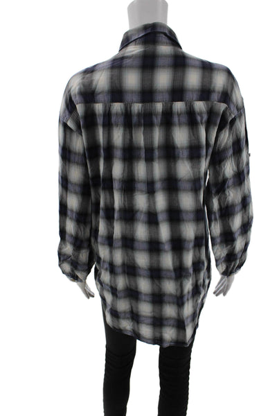 Vince Women Tunic Button-Up Black Plaid Cotton Collared Long Sleeve Size S