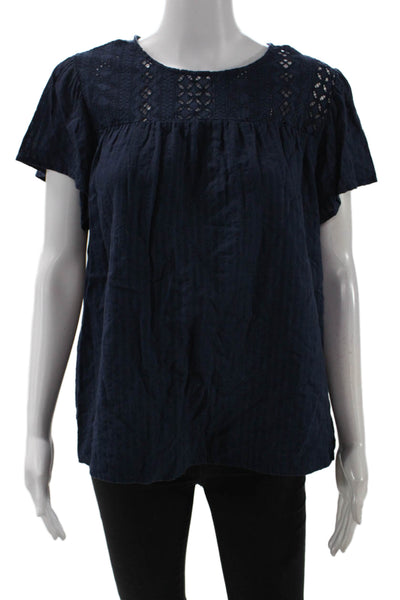 Designer Womens Bohemian Dark Blue Button Up Blouse Short Sleeve Size S