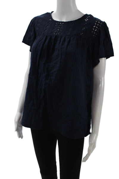 Designer Womens Bohemian Dark Blue Button Up Blouse Short Sleeve Size S