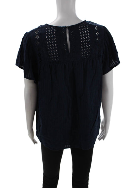 Designer Womens Bohemian Dark Blue Button Up Blouse Short Sleeve Size S