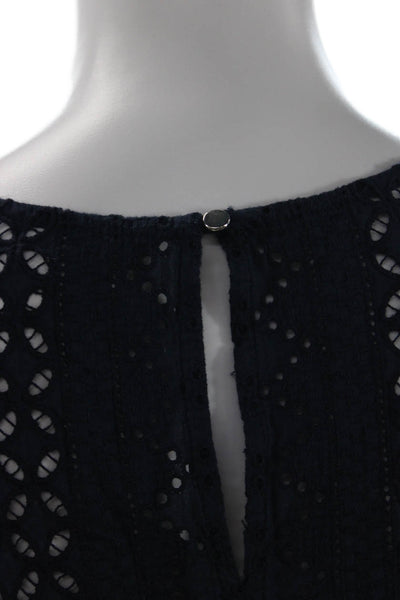 Designer Womens Bohemian Dark Blue Button Up Blouse Short Sleeve Size S