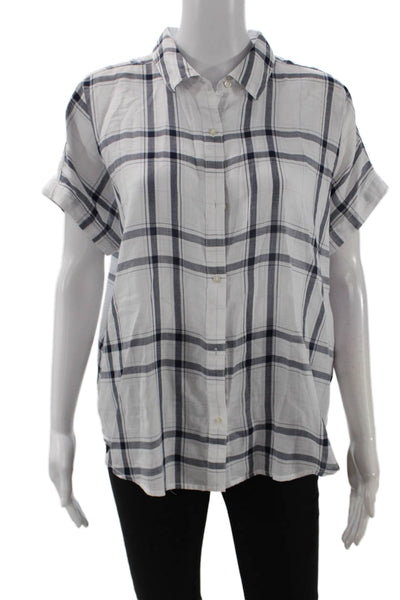 Designer Womens Bohemian Dark Blue Button Up Blouse Short Sleeve Size S