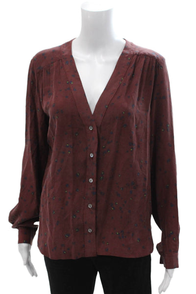Amour Vert Women Brown Silk V-Neck Button Up Blouse Long Sleeve Boho Size XS
