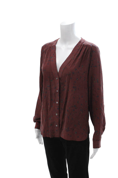 Amour Vert Women Brown Silk V-Neck Button Up Blouse Long Sleeve Boho Size XS