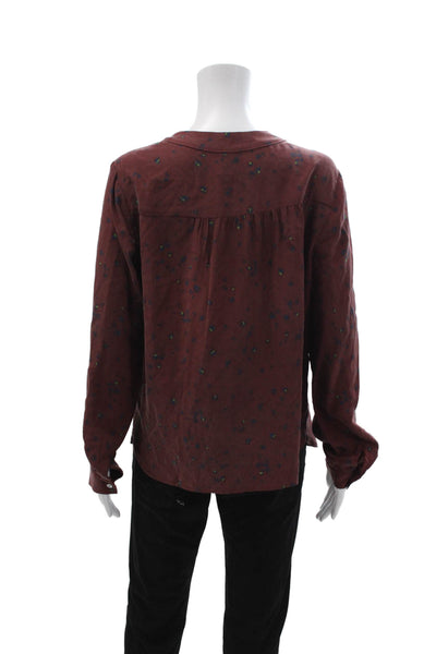 Amour Vert Women Brown Silk V-Neck Button Up Blouse Long Sleeve Boho Size XS