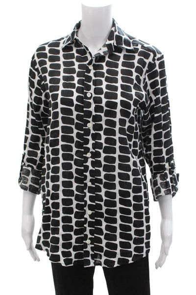 Emily Phillips Women Tunic Button-Up Linen Long Sleeve Black Geometric Size 3